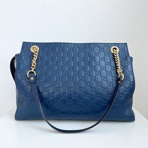Gucci Blue Soft Signature Shoulder Bag Guccissima Leather Large
